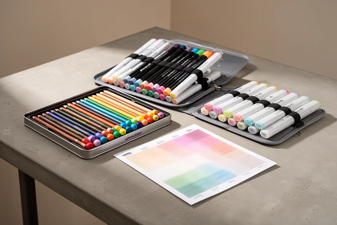 Arrtx colored pencils and alcohol markers arranged on a desk with a swatch sheet