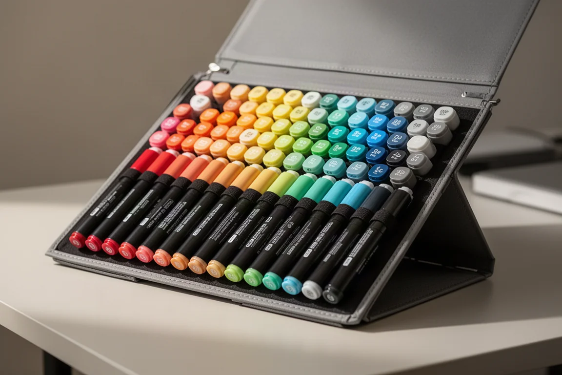 Estuche de rotuladores abierto con filas de rotuladores de alcohol de doble punta ordenados por color