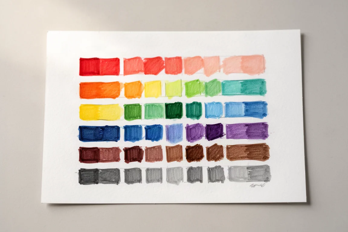 Cuadrícula de muestras de color dibujada a mano sobre papel Bristol liso