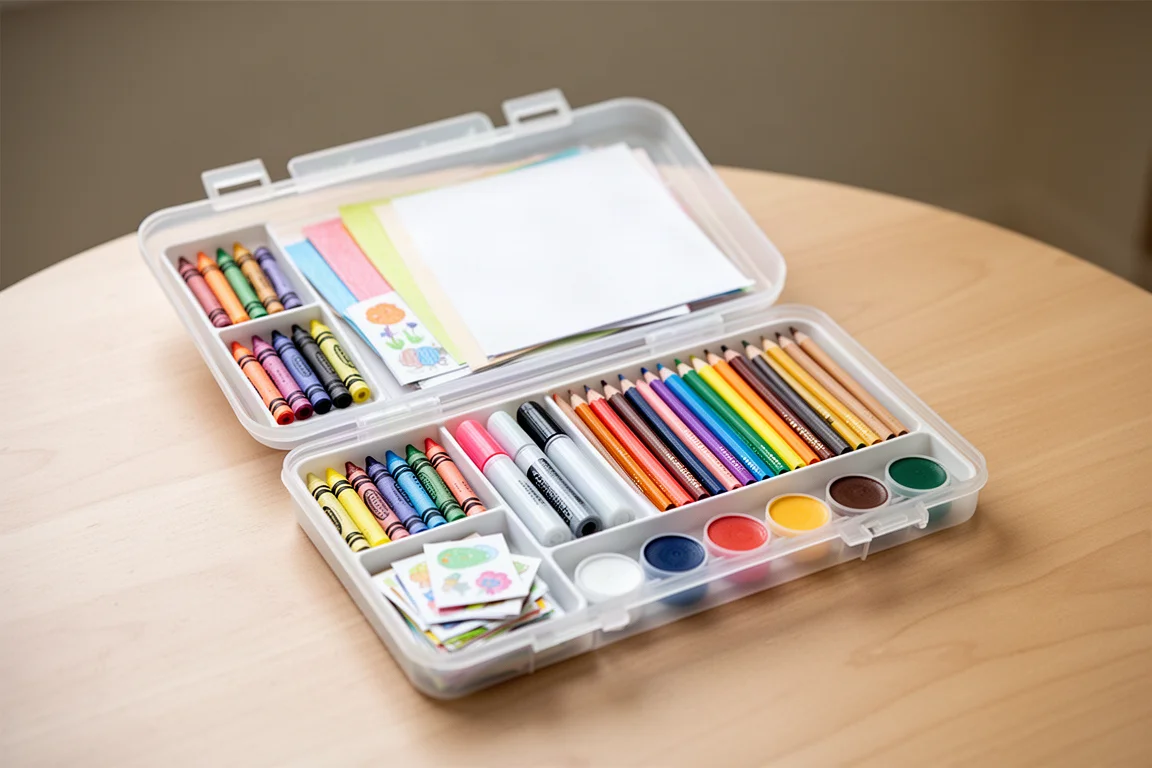 Open children's art kit case showing crayons, markers, and watercolor pans