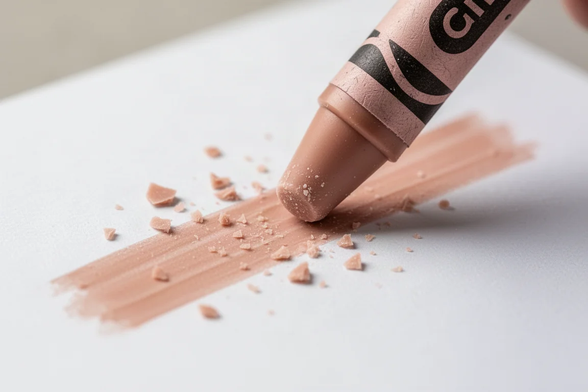 Close-up of a soft, waxy crayon tip leaving flakes on paper