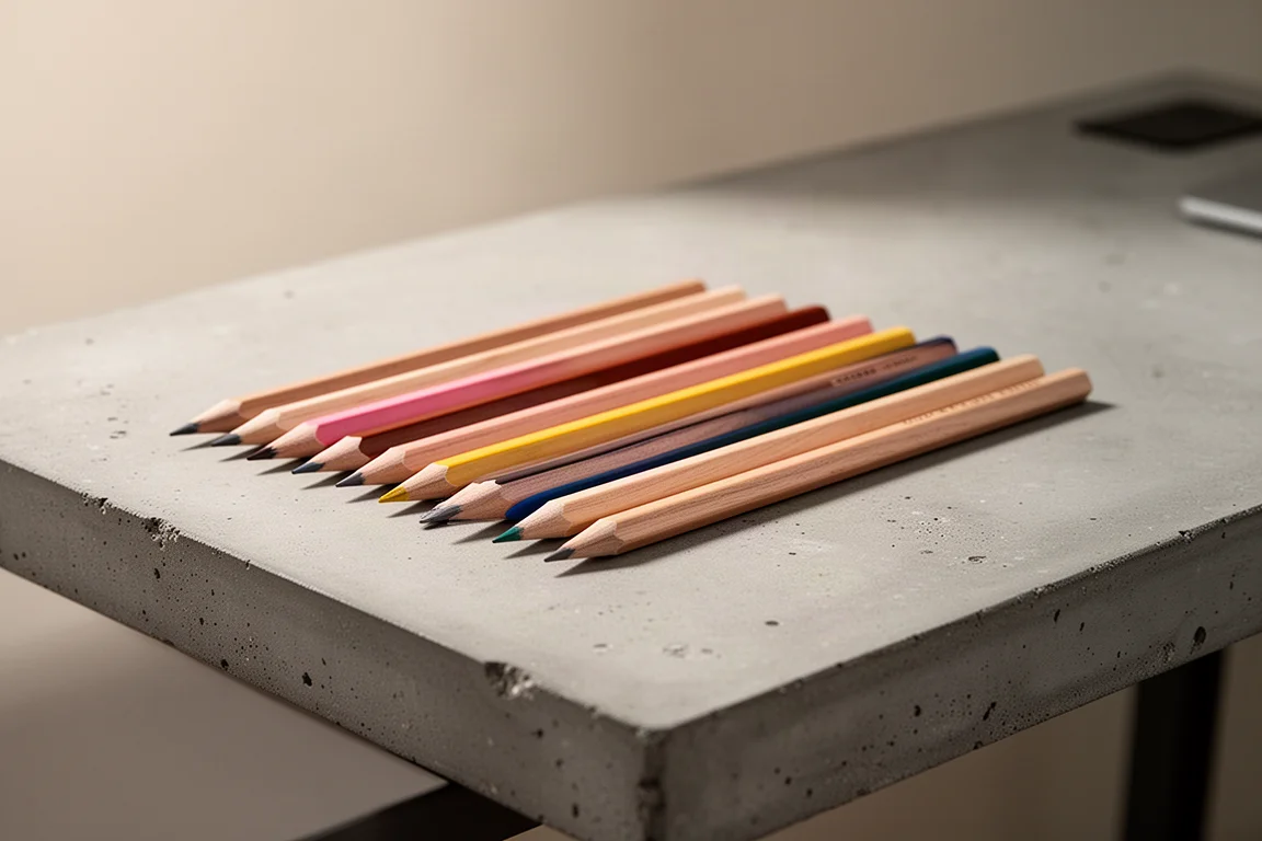 Half-size colored pencils arranged in a row on a desk