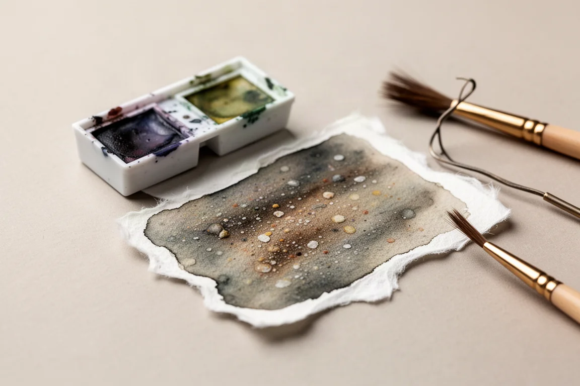 Watercolor pan with grainy dried paint texture on paper