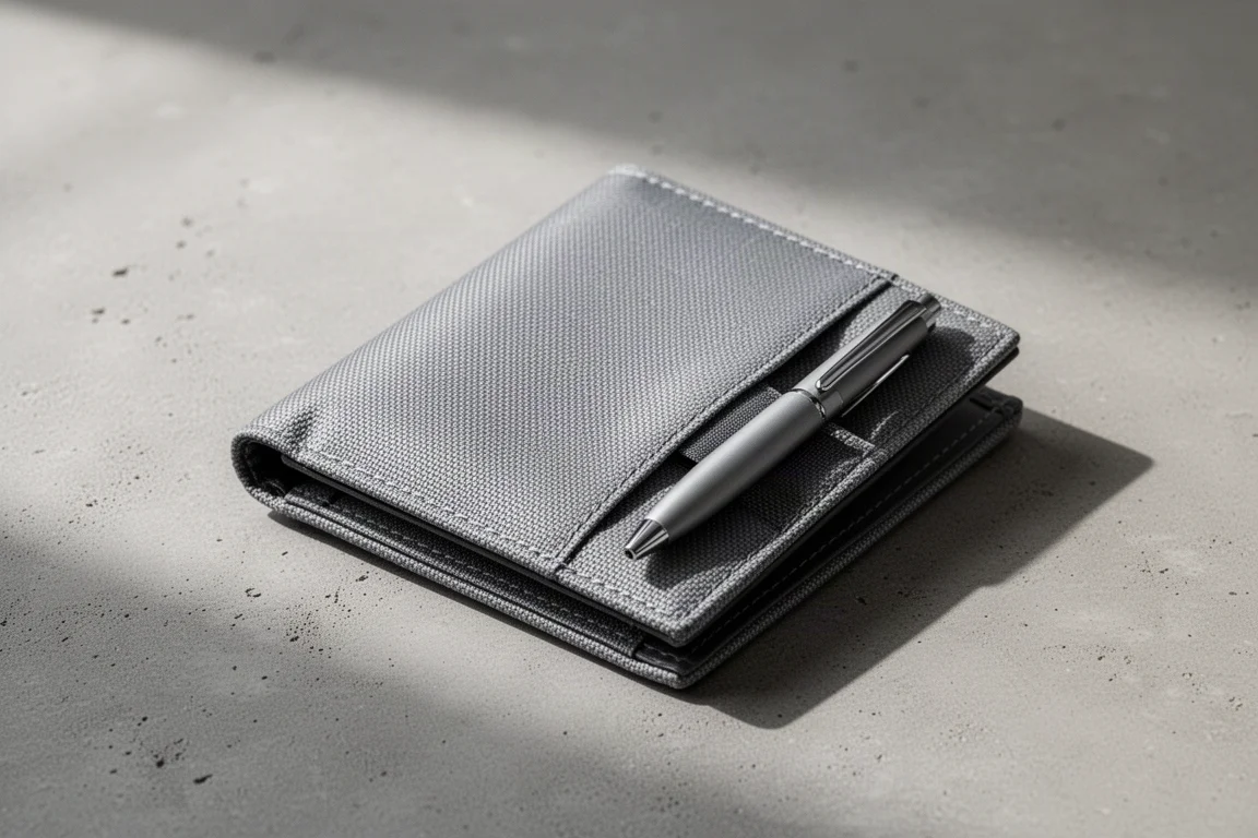Grå Cordura-anteckningsboksplånbok med en penna i ytterfacket på en betongyta