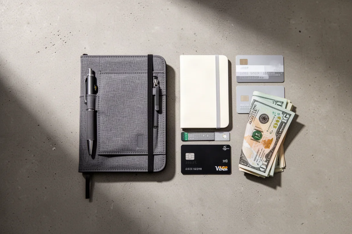 Everyday carry-föremål uppradade platt med en smal anteckningsboksplånbok och penna
