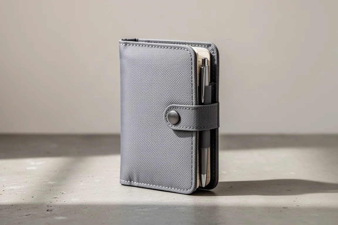 Gray Cordura notebook wallet with a pen in the outer pocket on a concrete surface