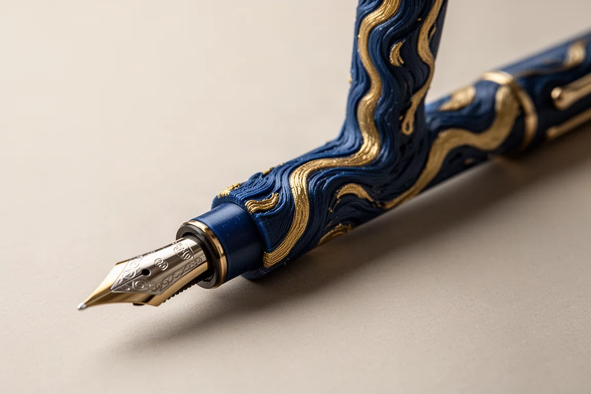 Blau-golden gemusterter Füllfederhalter-Schaft mit flussinspirierten Details