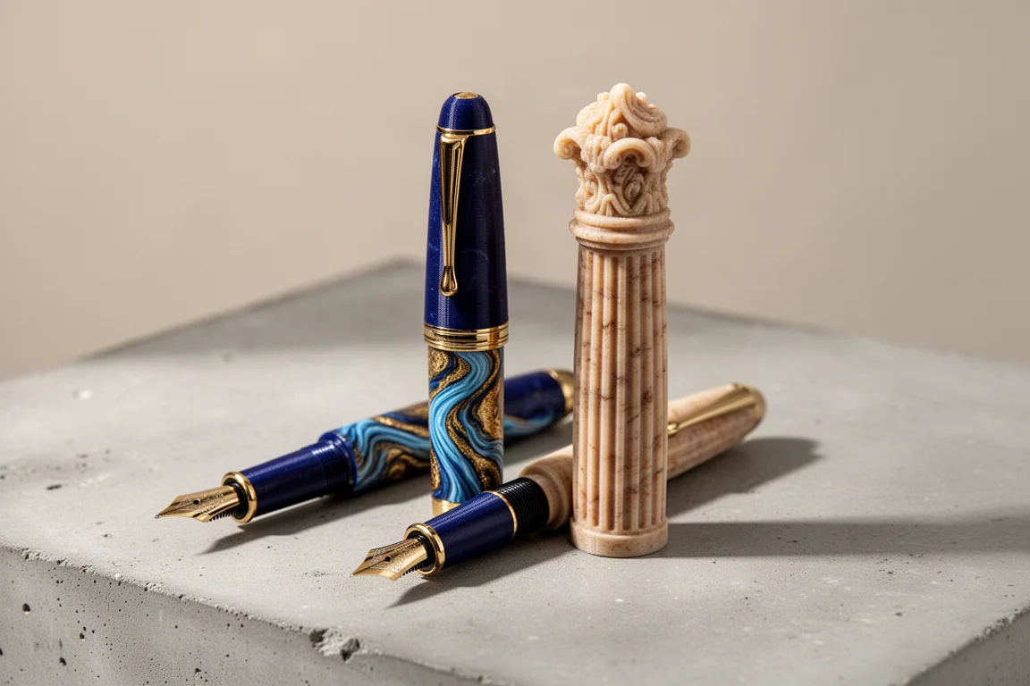 Two 3D printed fountain pens with Egyptian-inspired detailing on a concrete surface