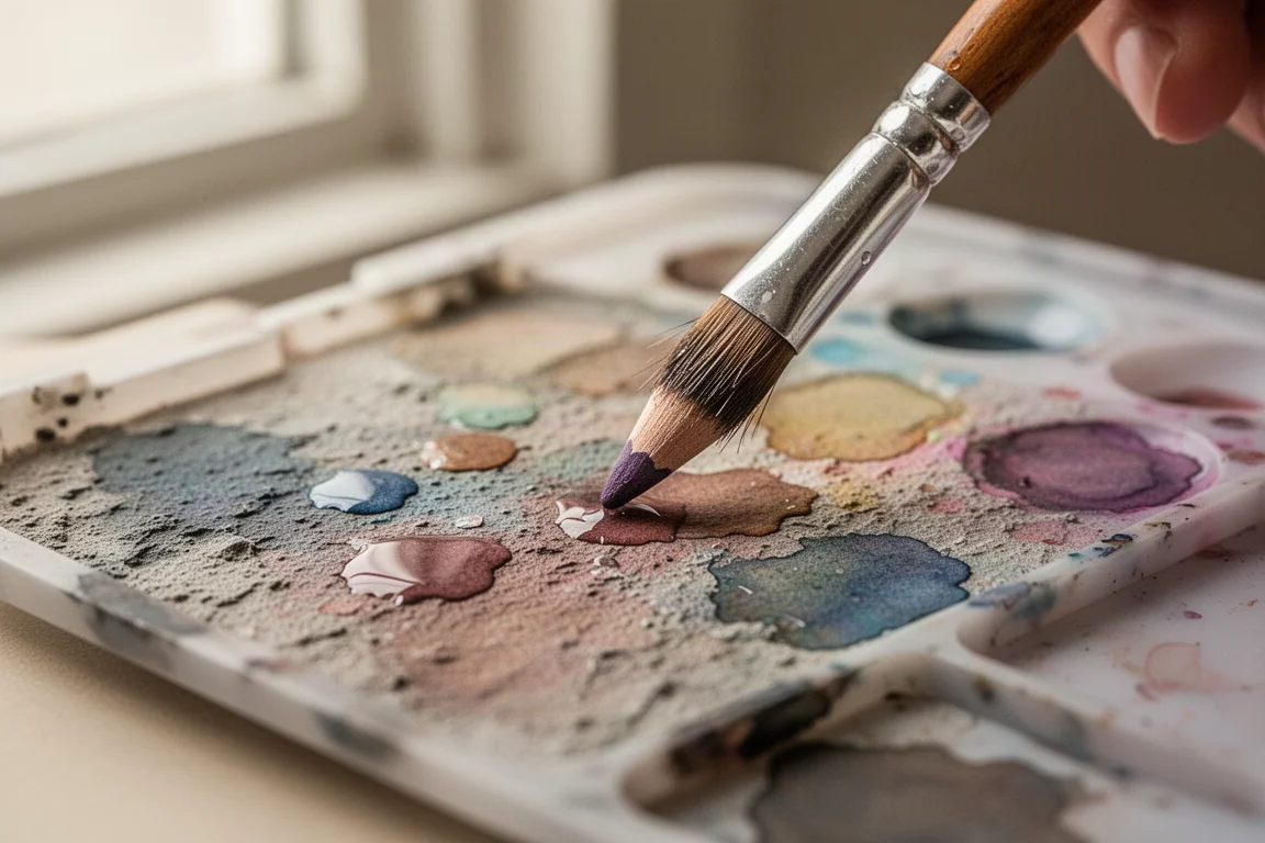 Watercolor pencil being dipped in water over a textured mixing palette