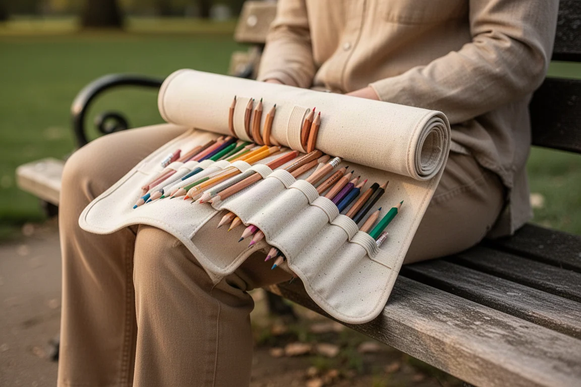 Canvas pencil wrap unrolled on a knee in a park setting