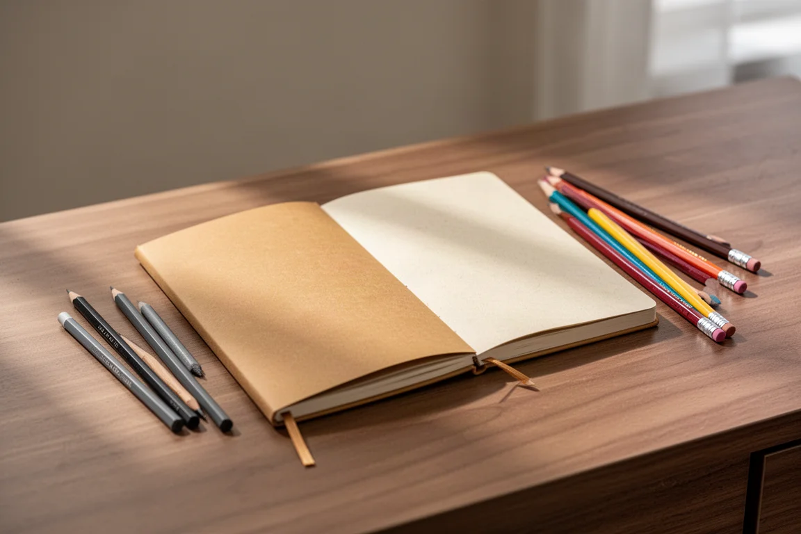 Strathmore Toned Tan journal open on a desk with sketching pencils