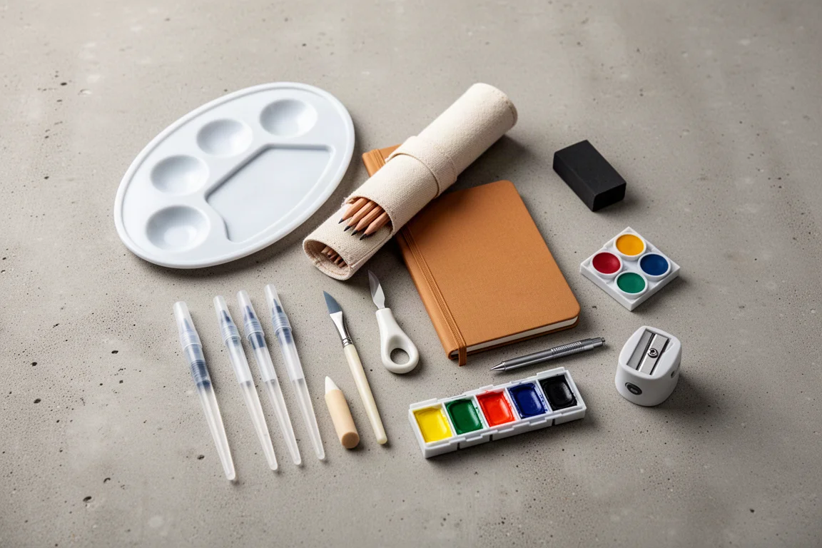 Flat-lay of small art supplies including palette, pencil wrap, water brushes, journal, gouache set and sharpener