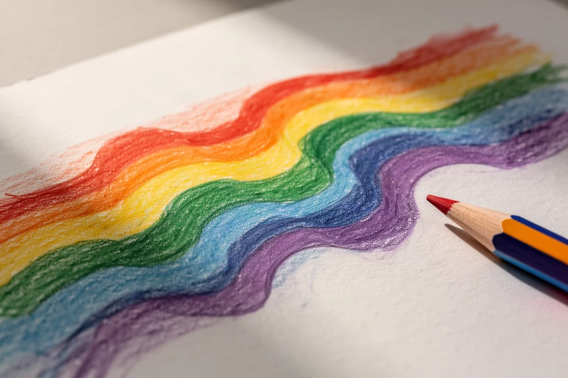 Zbliżenie na smugi tęczowych ołówków łączące wiele kolorów na fakturalnym papierze