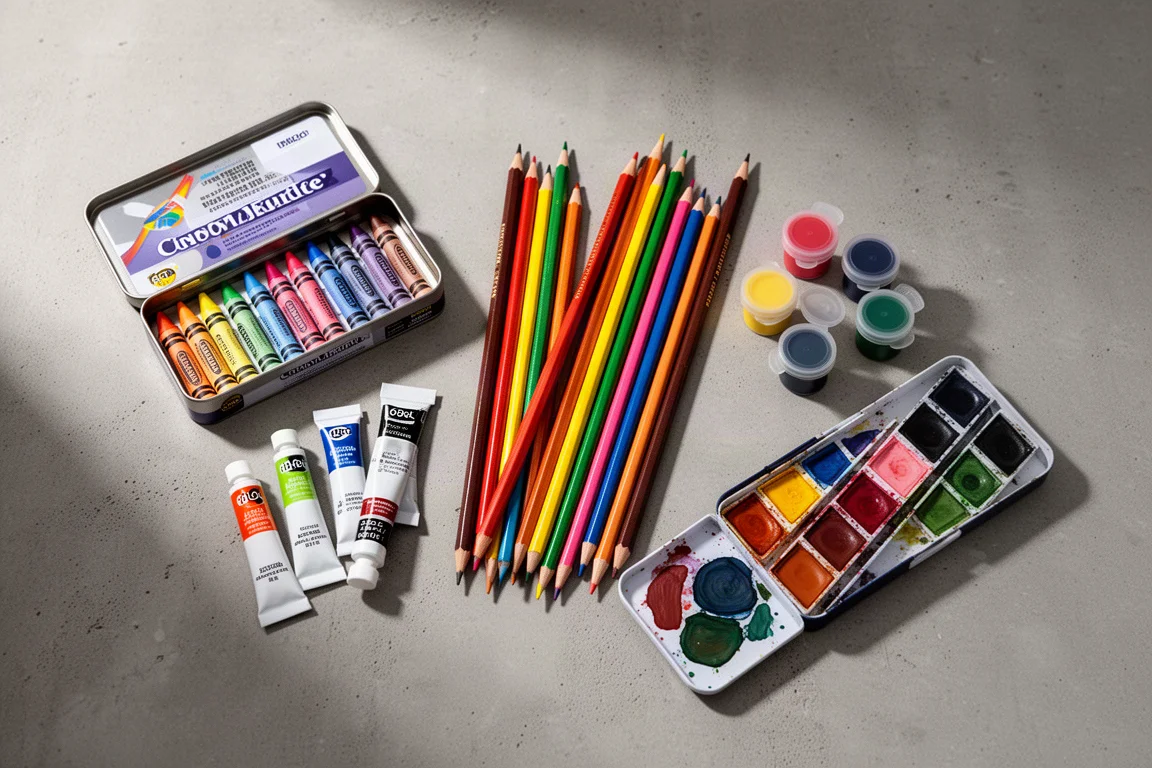 Composizione flat-lay di forniture artistiche internazionali con pastelli, tubetti di colore, matite arcobaleno e gouaches per acquerello