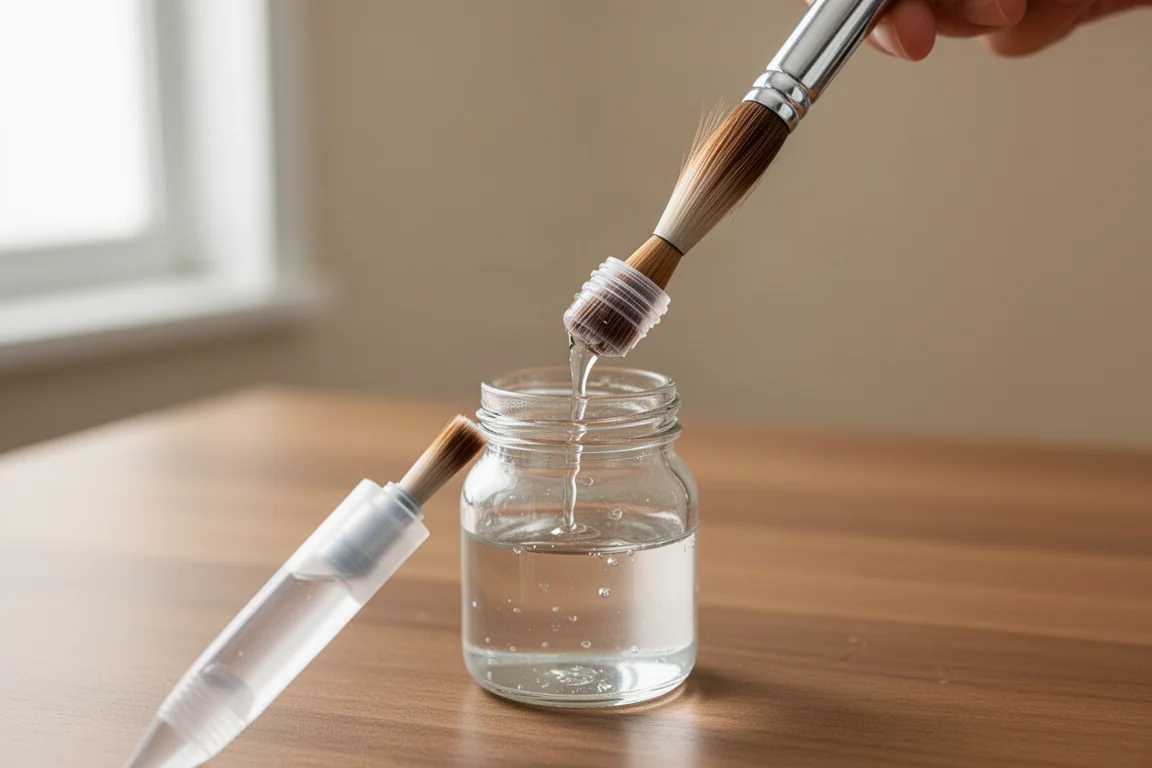 Pincel de agua llenándose con agua desde un tarro pequeño