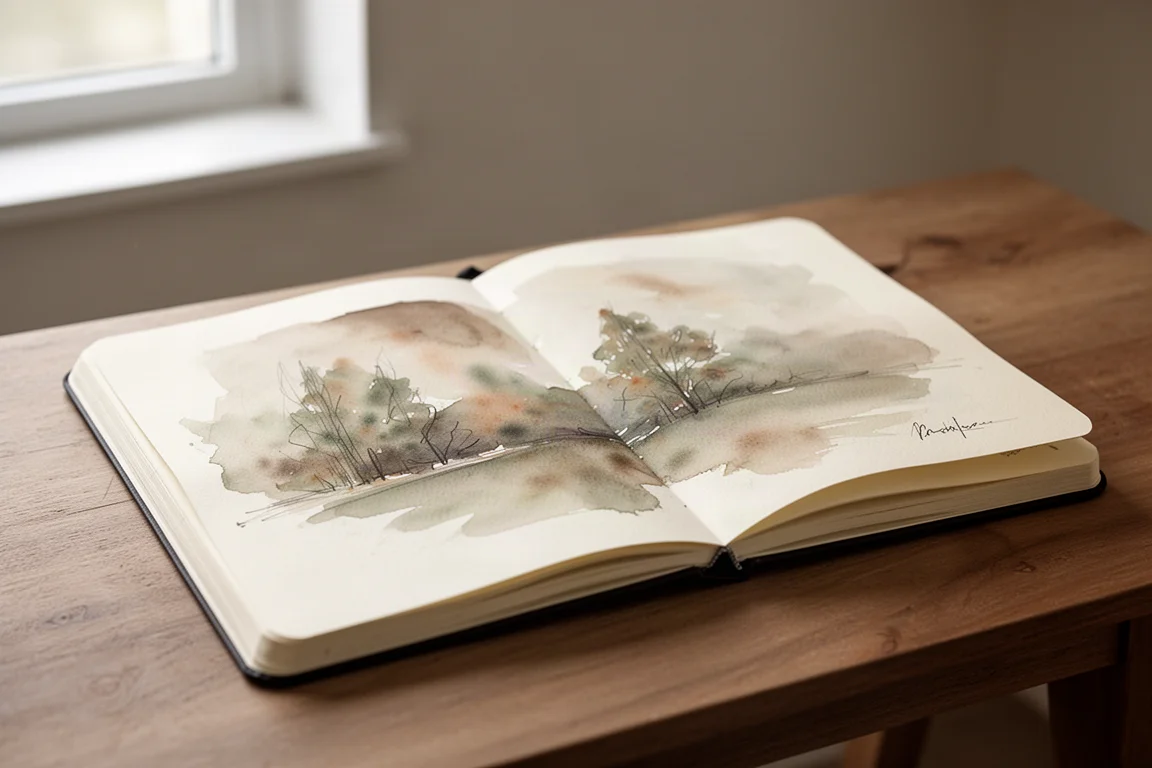 Cuaderno de acuarela abierto con un lavado ligero y un boceto a plumilla