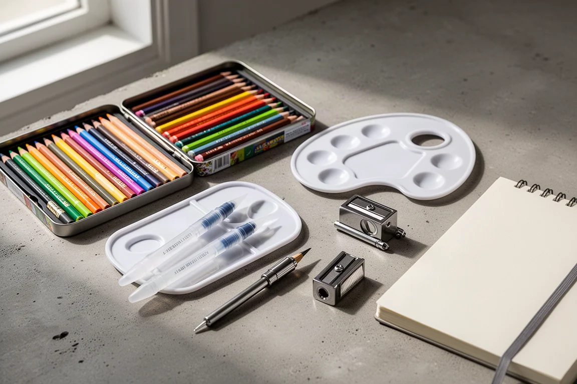 Flat-lay of artist supplies including pencils, palette, brushes, sharpener, and sketchbook