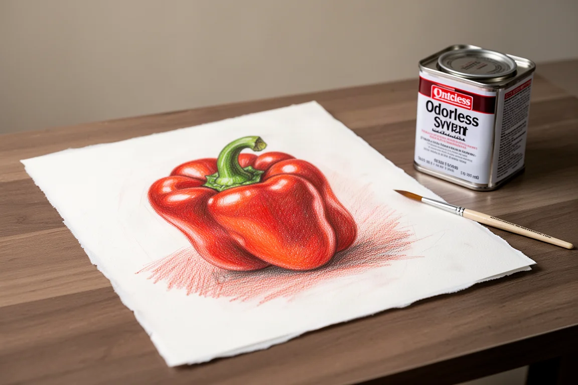 Niedokończony rysunek czerwonej papryki kredkami na papierze mixed media