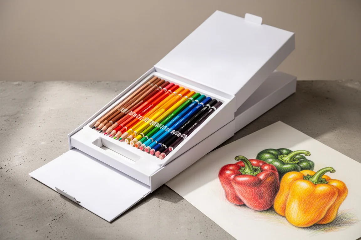 A white pencil box sliding open beside a partially finished pepper drawing on concrete
