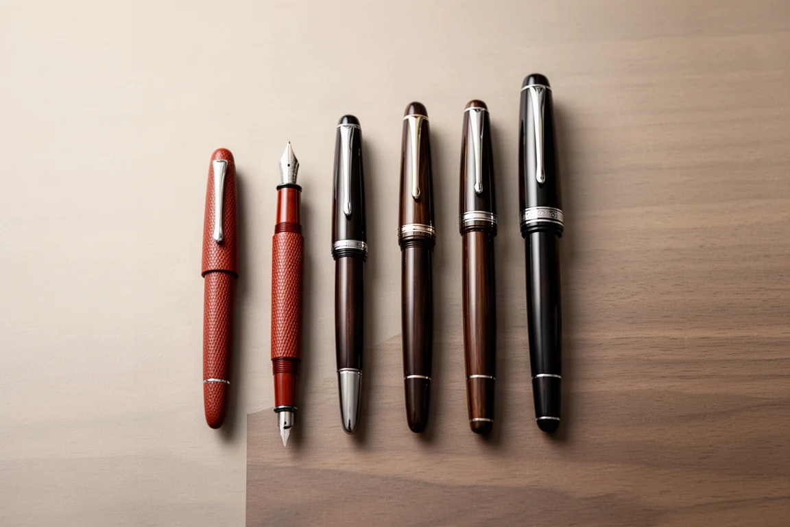 Offener Füllfederhalter neben größeren Schreibgeräten zur Größenvergleichsaufnahme auf einem Holztisch