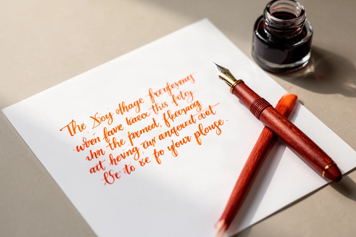 Handschriftliche Tintenprobe in einem orange-roten Ton auf weißem Papier