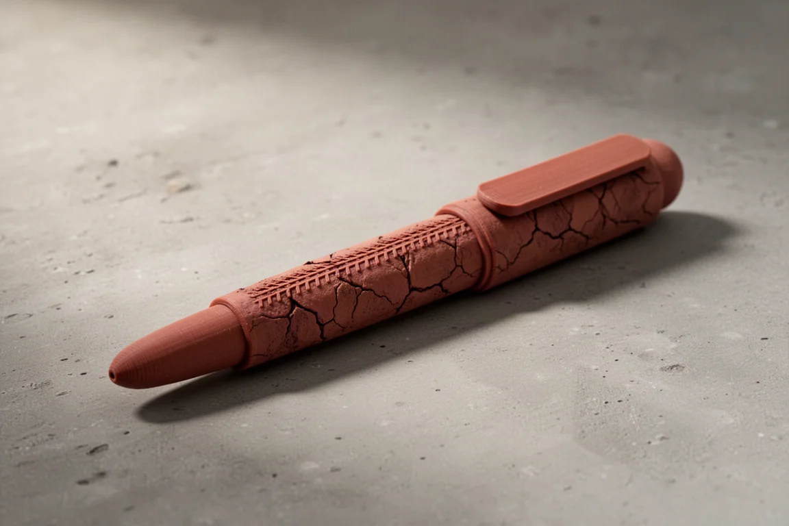 Textured reddish-brown 3D-printed fountain pen with Martian rock detailing on concrete