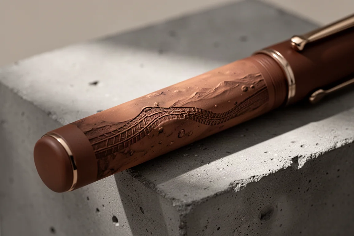 Gros plan sur les gravures de traces de rover sur le capuchon et le corps d'un stylo marron