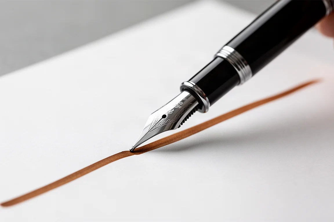 Stylo-plume traçant un trait d'encre marron ombrée sur papier blanc