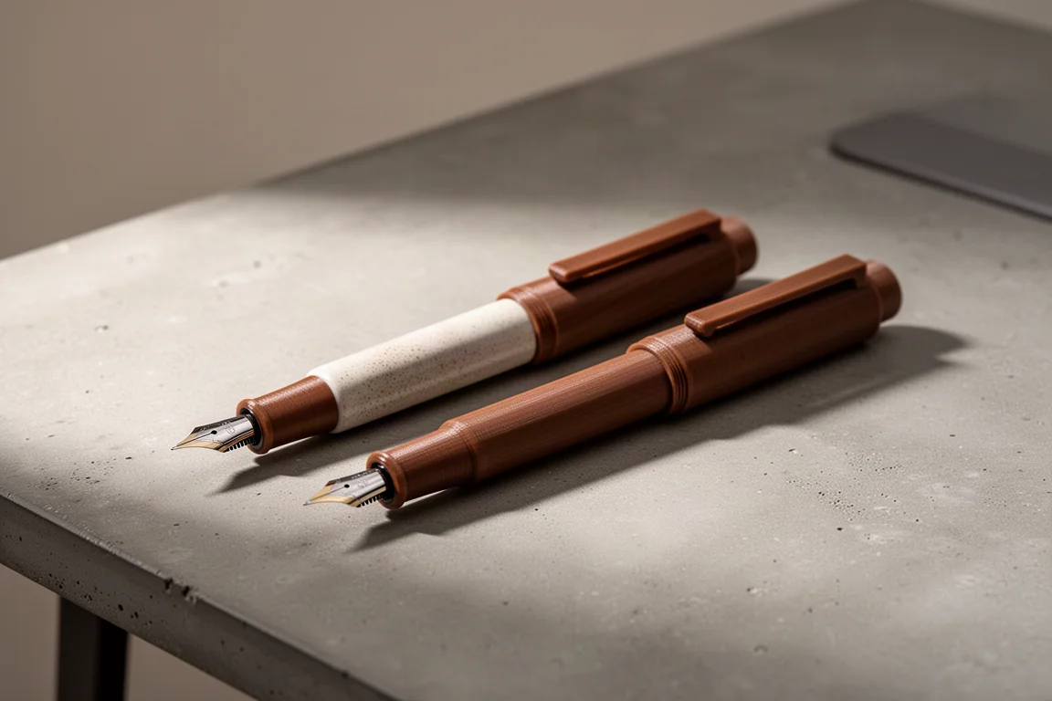 Deux stylos-plumes marron côte à côte sur un bureau neutre