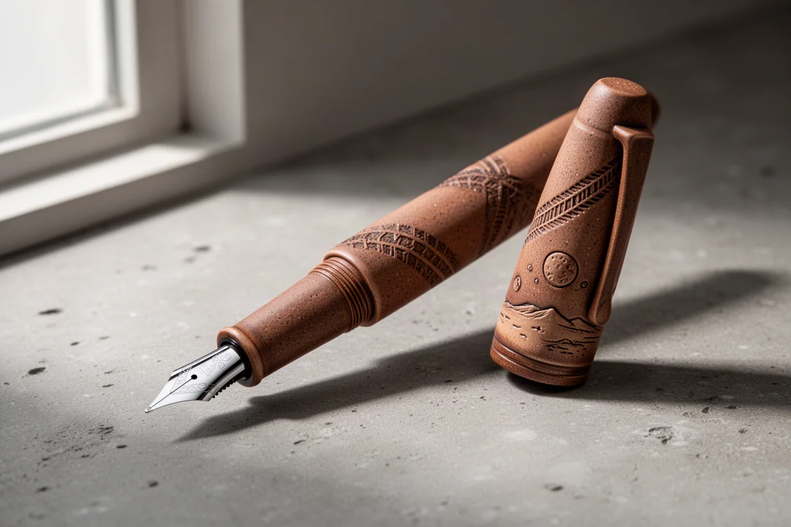 Handmade brown fountain pen with engraved Martian details on a concrete surface