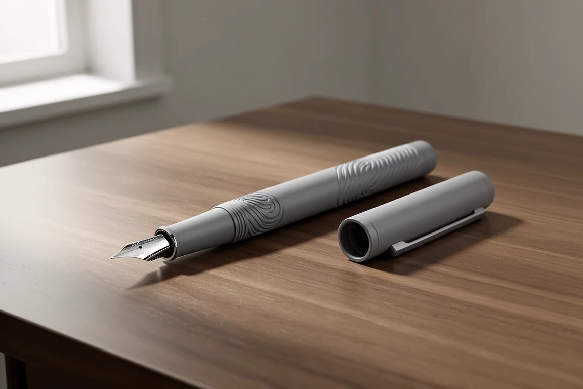 Matte grey spiral fountain pen with stainless steel nib on a wooden desk