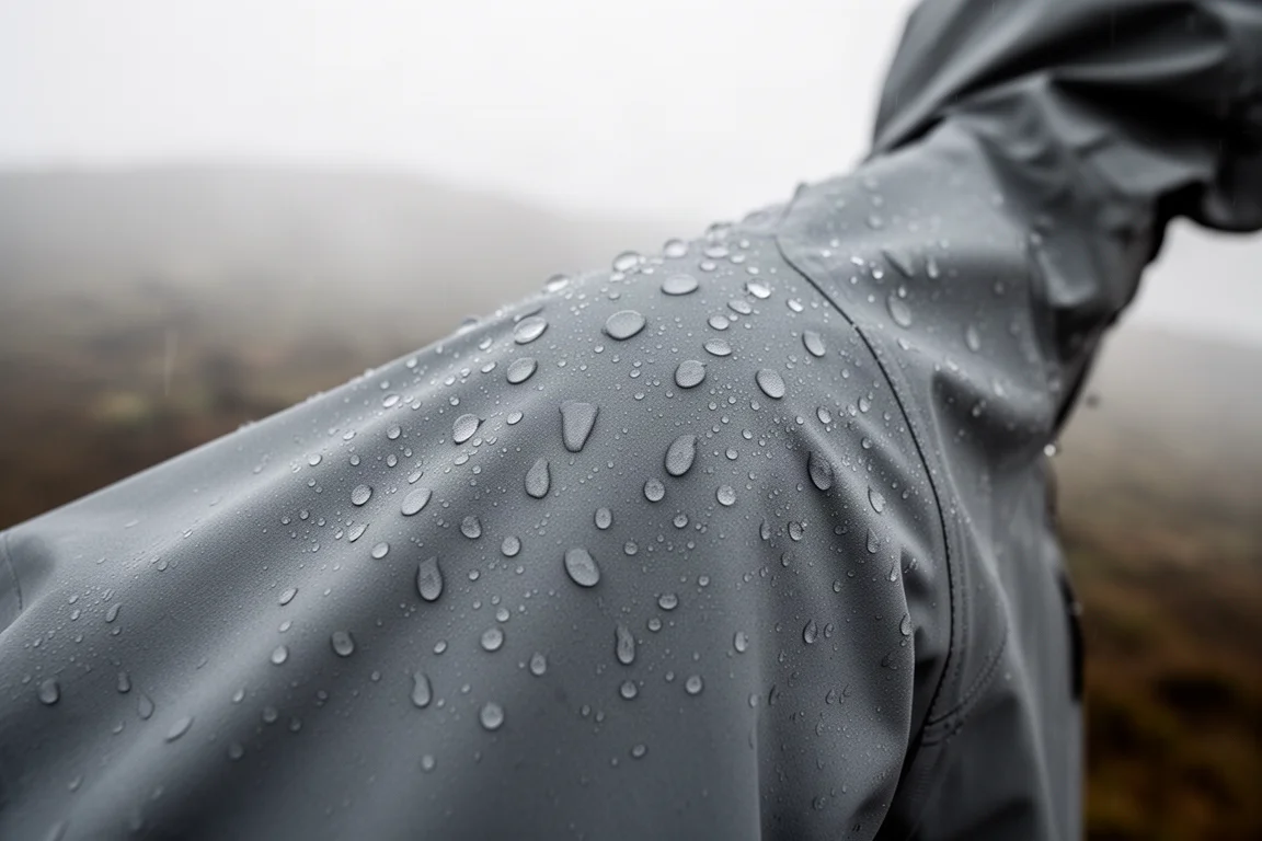 Gotas de lluvia resbalando sobre un tejido técnico mate de una chaqueta