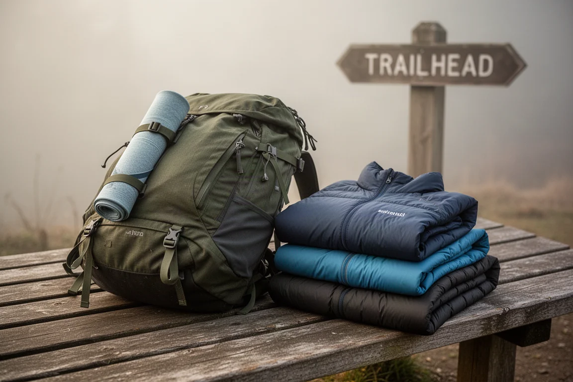 Mochila con capas dobladas en un banco junto a un sendero de montaña