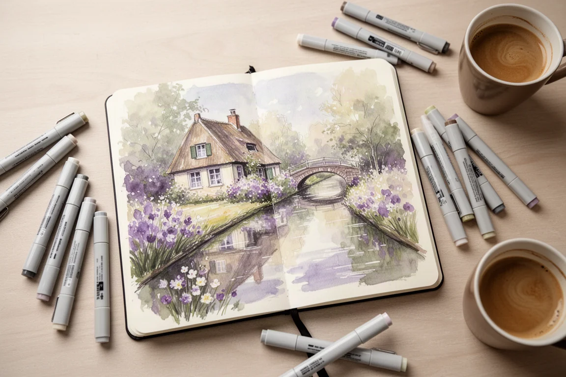 Page de carnet de croix ouverte remplie d'une illustration colorée d'un jardin cottage