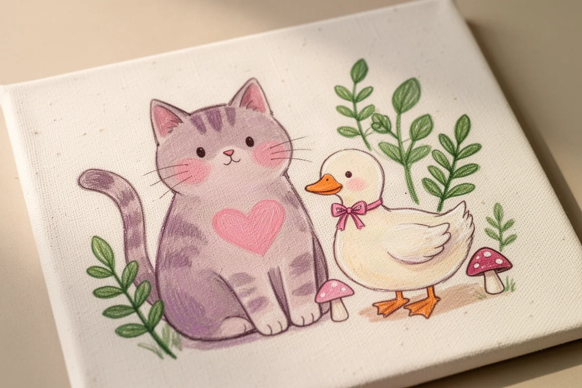 Doodles illustrés d'un chat et d'un canard aux couleurs pastel sur papier canvas texturé