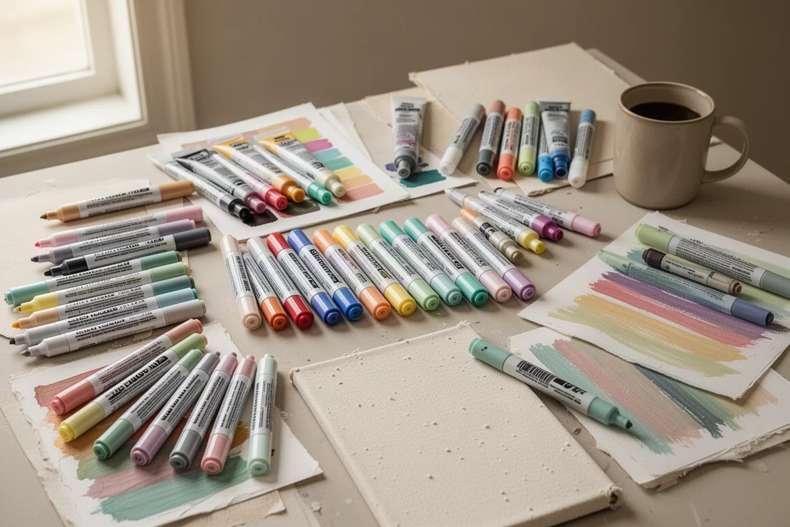 Bureau couvert de marqueurs acrylique, de planches d'échantillons et d'outils d'art en pleine séance