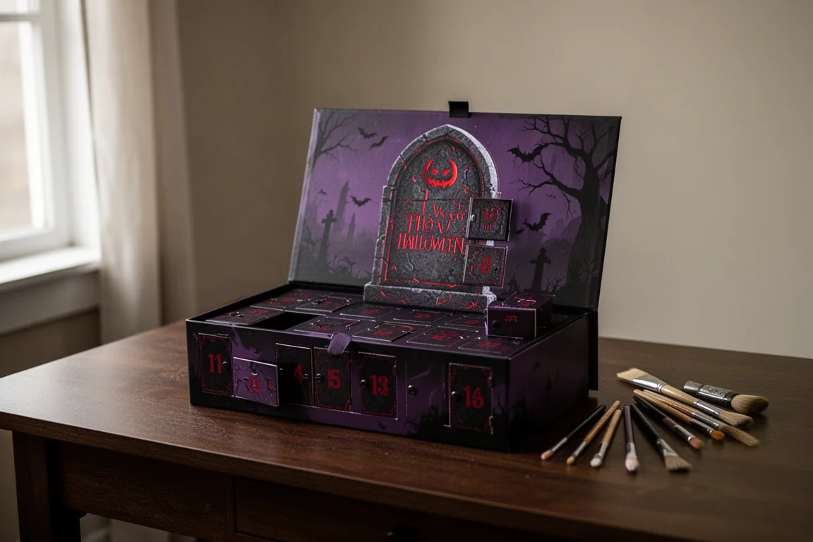 Calendrier de l'Avent artistique d'Halloween au design de pierre tombale rouge gaufré, ouvert sur un bureau