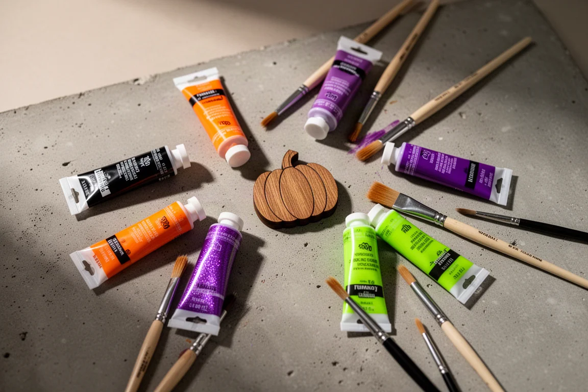 Tubes de peinture acrylique noire, orange et violette disposés sur une table de bricolage