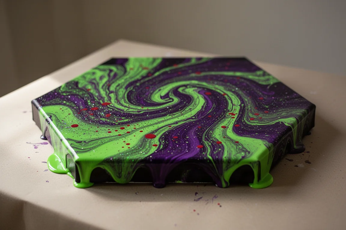 Toile hexagonale avec une coulée de peinture brillante verte et violette et des touches de paillettes