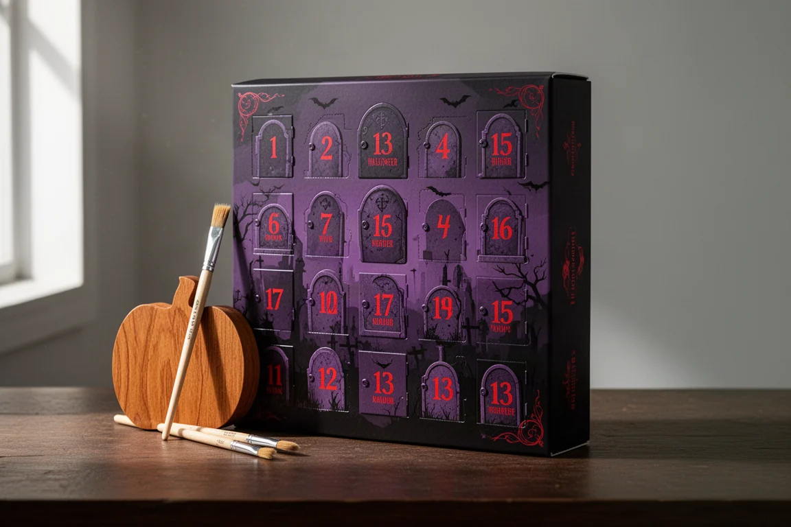 Arteza Halloween art advent calendar with tombstone design on a wooden surface