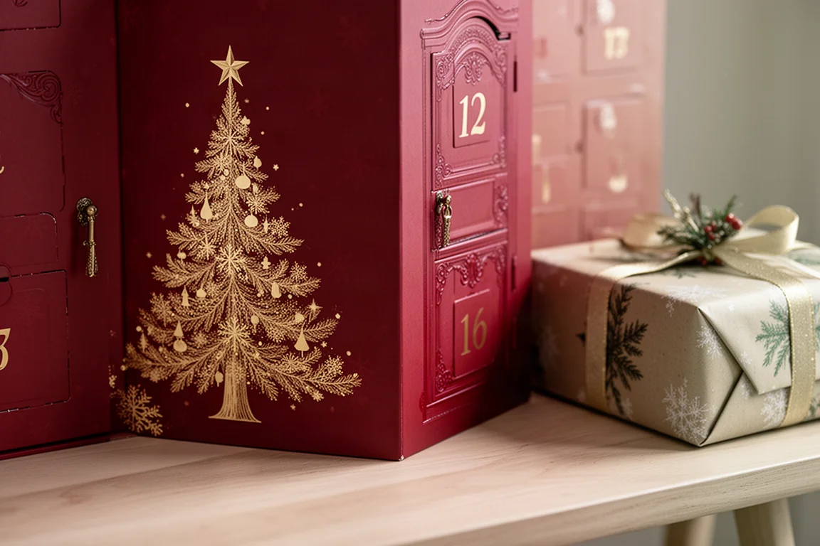 Nahaufnahme des Weihnachtsbaum-Details aus Goldfolie auf einer roten Adventskalender-Schachtel
