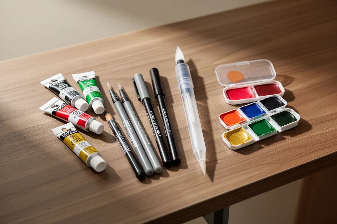 Kleine Farbtuben und Marker, nach dem Auspacken auf einem Schreibtisch aus Holz arrangiert