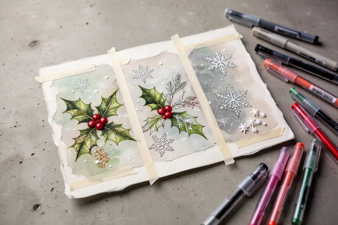 Fertige Mixed-Media-Weihnachtsillustration mit Stechpalme, Schneeflocken und 3D-Akzenten auf Papier