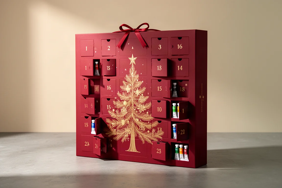 Red and gold Arteza-style 24-door artist advent calendar box with ribbon bow on concrete surface