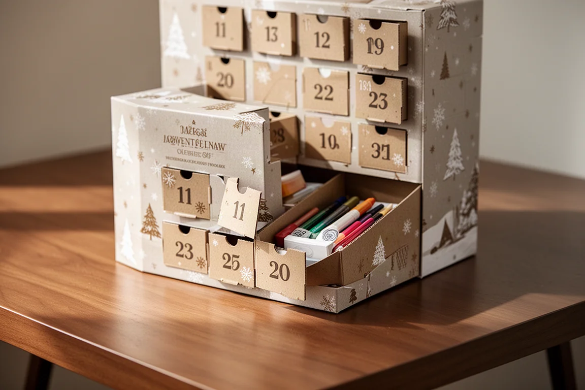 Adventskalenderdoos met kleine genummerde kartonnen deurtjes die worden geopend