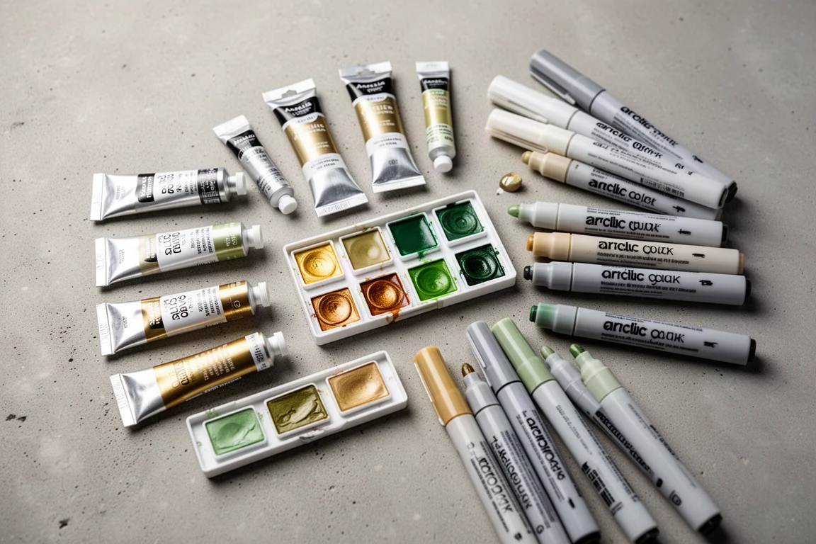 Tubes acrylverf en halve napjes gerangschikt op een studio-tafel