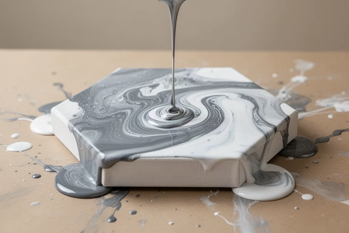 Acrylverf die in vloeiende swirls over een hexagon canvas stroomt