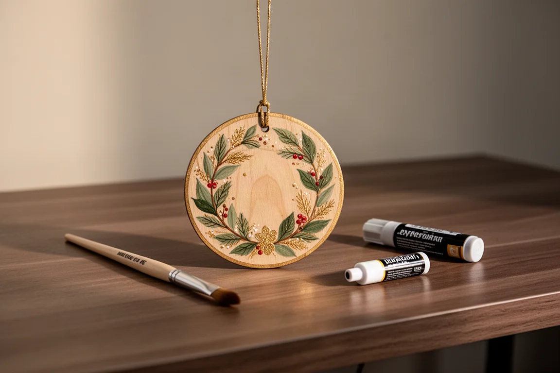 Handgeschilderd houten kerstornament met feestelijk ontwerp op een bureau