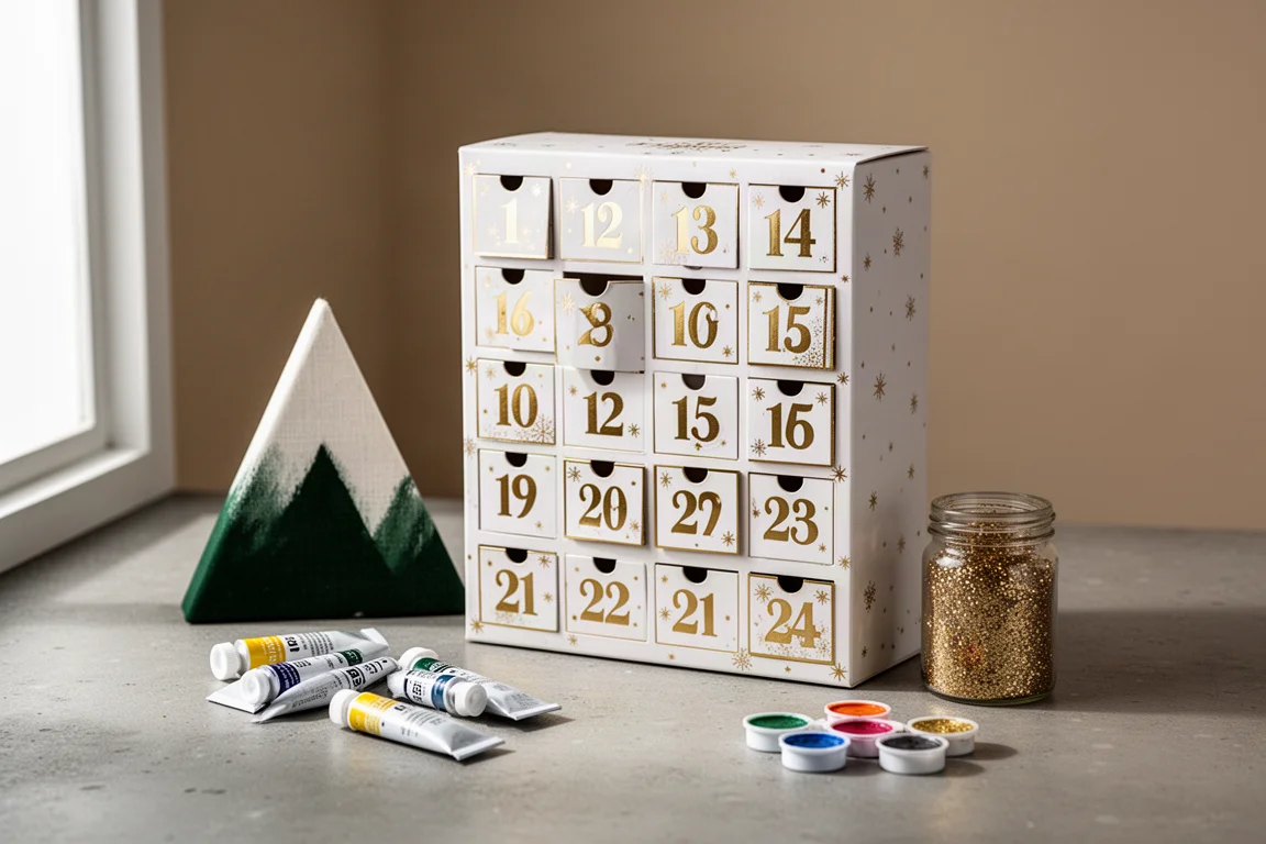 Festlig adventskalender med guldfolie bredvid dukar och konstnärsbehov