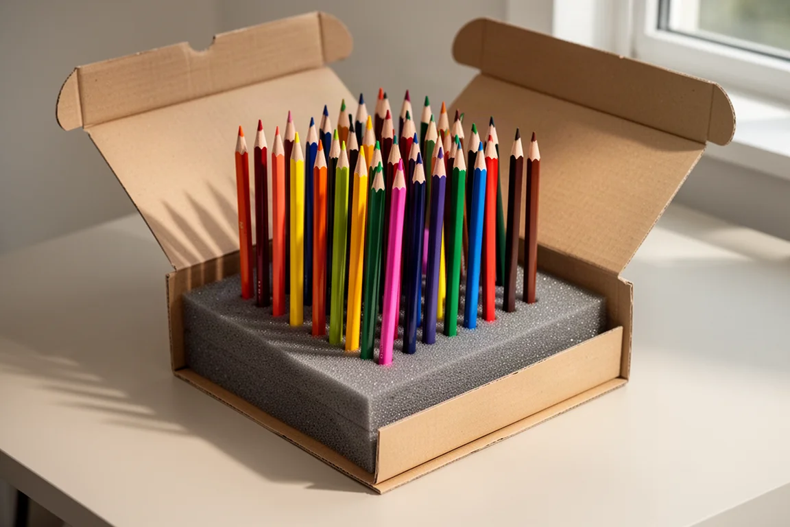 Colored pencils standing upright in a foam-lined box tray